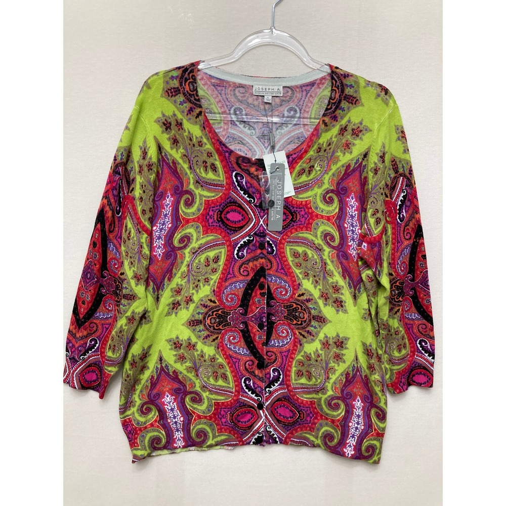 New Joseph A. Cardigan XL Multi Paisley Artsy Button Front 3/4 Sleeve Knit Comfy